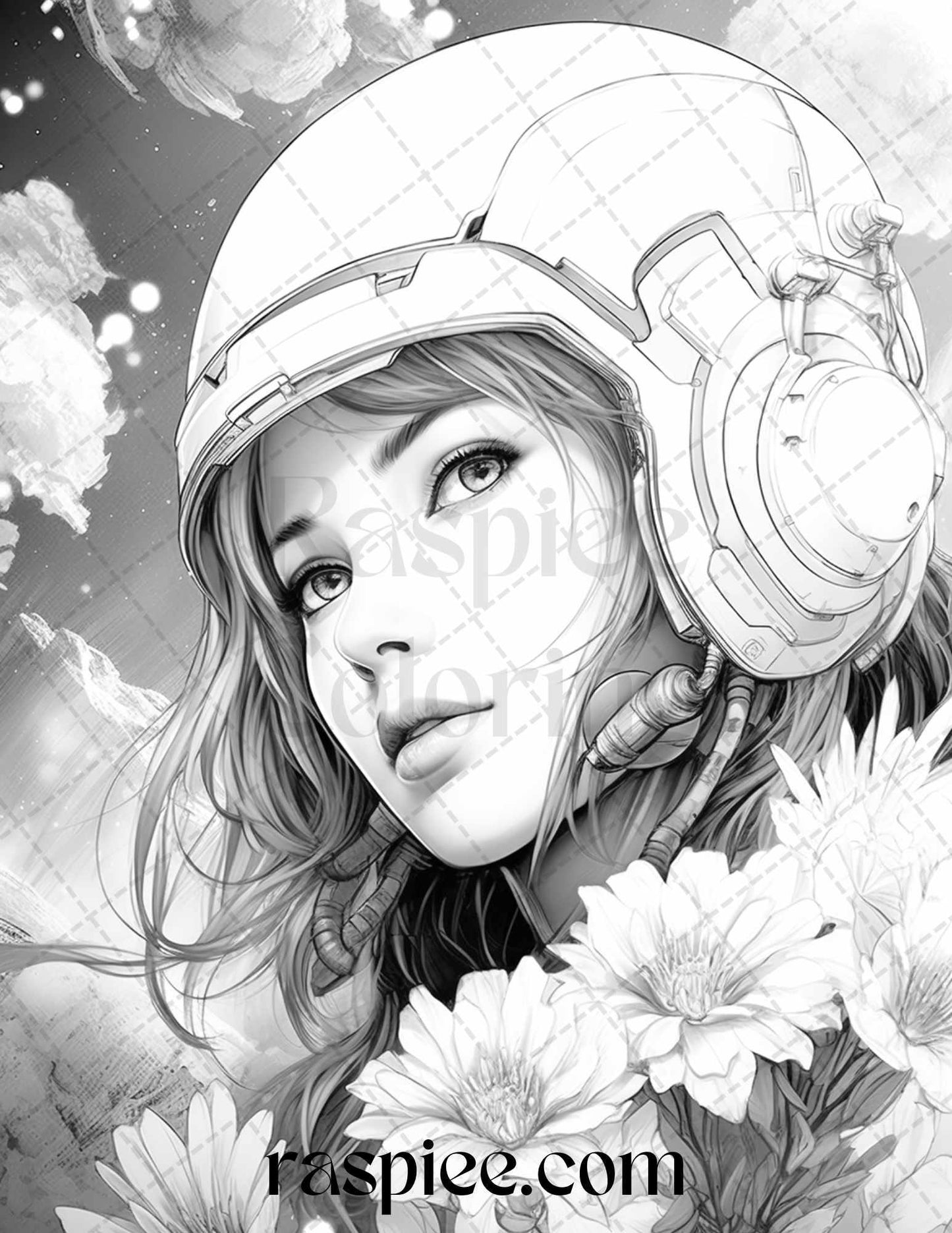 50 Astronaut Girl Portrait Grayscale Coloring Pages Printable for Adults, PDF File Instant Download