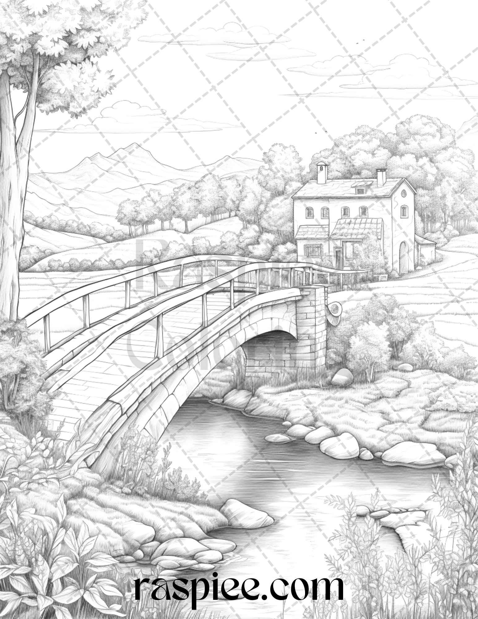 40 Farmstead Serenity Grayscale Coloring Pages Printable for Adults, PDF File Instant Download