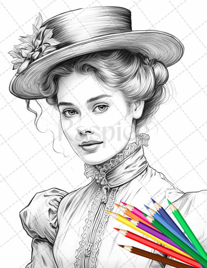 43 Beautiful Victorian Women Grayscale Coloring Pages Printable for Adults, PDF File Instant Download