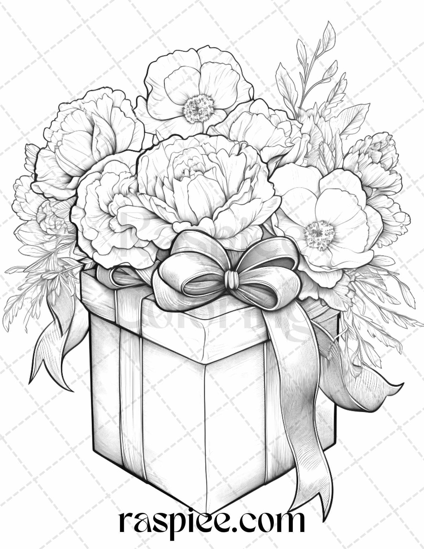 40 Flower Gift Box Grayscale Coloring Pages Printable for Adults Kids, PDF File Instant Download