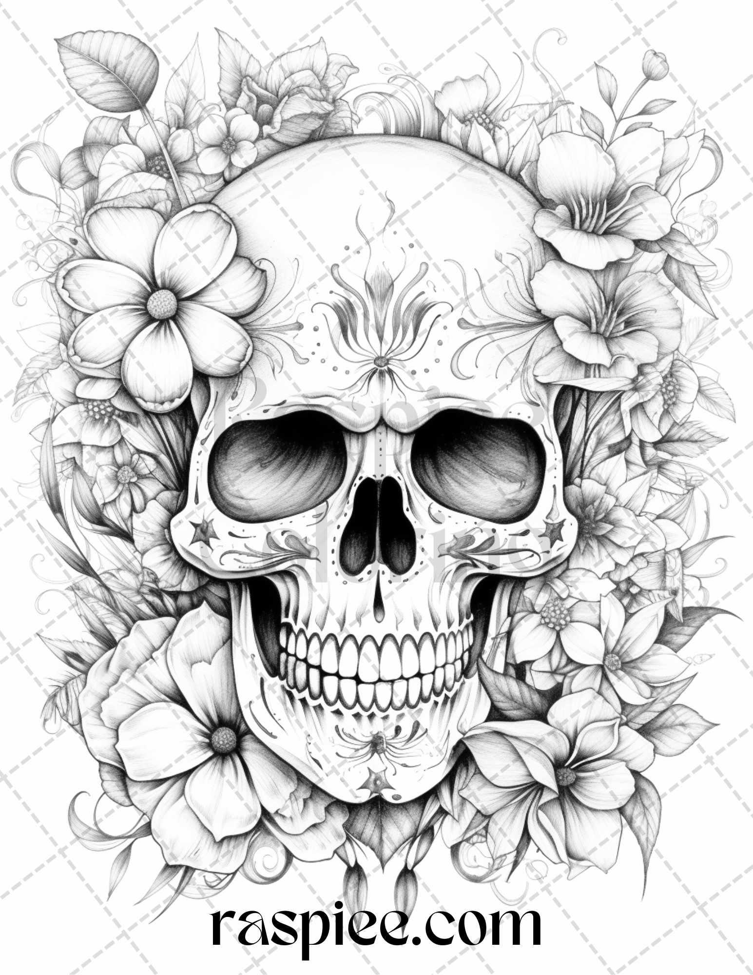 42 Floral Skull Grayscale Coloring Pages for Adults, Stress Relief Coloring Sheets, Printable PDF File Instant Download