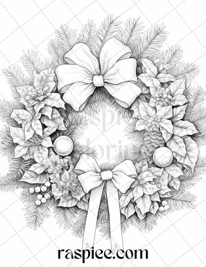 40 Christmas Wreath Grayscale Coloring Pages Printable for Adults, PDF File Instant Download