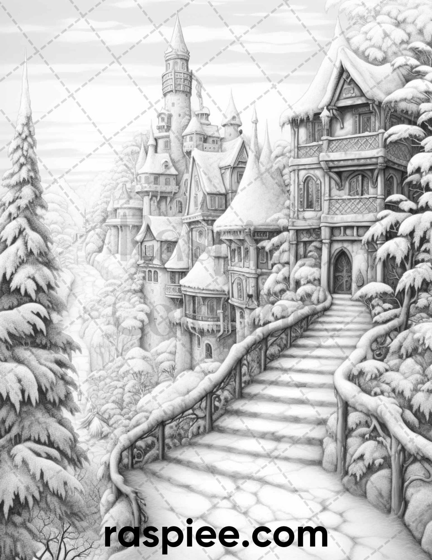 40 Fantasy Winter Village Grayscale Coloring Pages for Adults, PDF File Instant Download