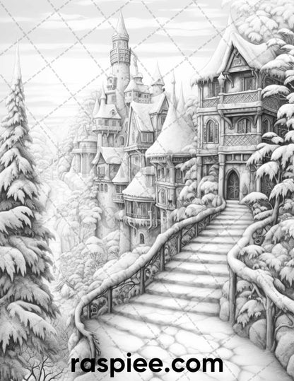 40 Fantasy Winter Village Grayscale Coloring Pages for Adults, PDF File Instant Download