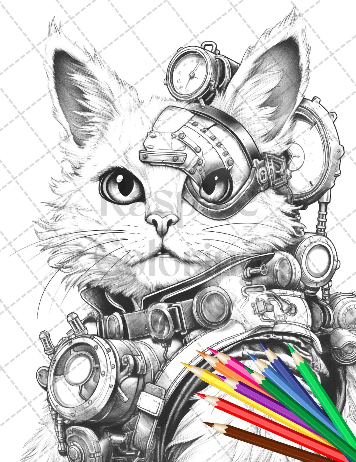 45 Steampunk Animals Grayscale Coloring Pages Printable for Adults Vol. 2, PDF File Instant Download