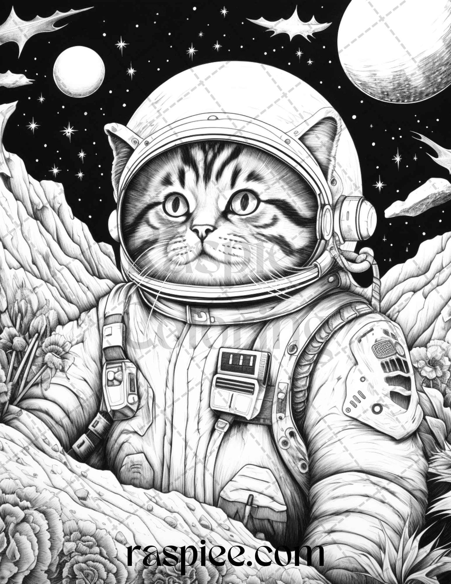 40 Cat Astronaut Grayscale Coloring Pages Printable for Adults Kids, PDF File Instant Download