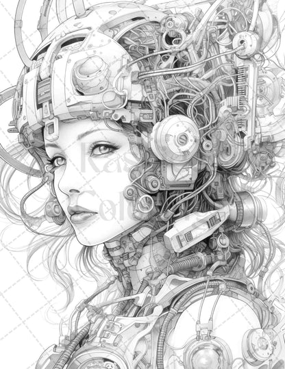 40 Beautiful Cyborg Girls Grayscale Coloring Pages Printable for Adults, PDF File Instant Download