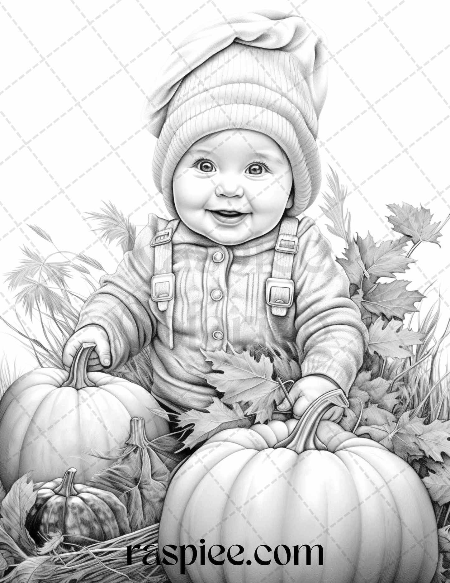 40 Pumpkin Babies Grayscale Coloring Pages for Adults and Kids, Printable PDF File Instant Download