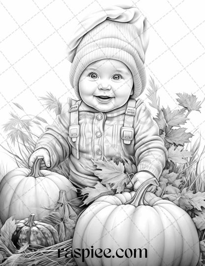 40 Pumpkin Babies Grayscale Coloring Pages for Adults and Kids, Printable PDF File Instant Download