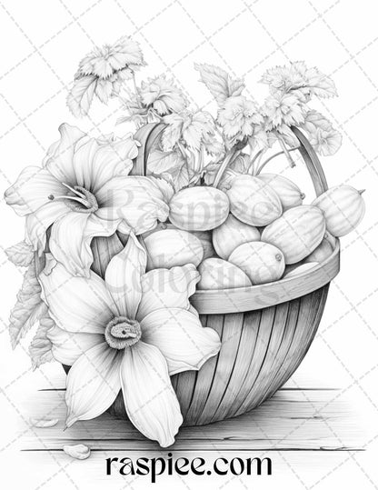 40 Fruit Basket Grayscale Coloring Pages Printable for Adults, PDF File Instant Download