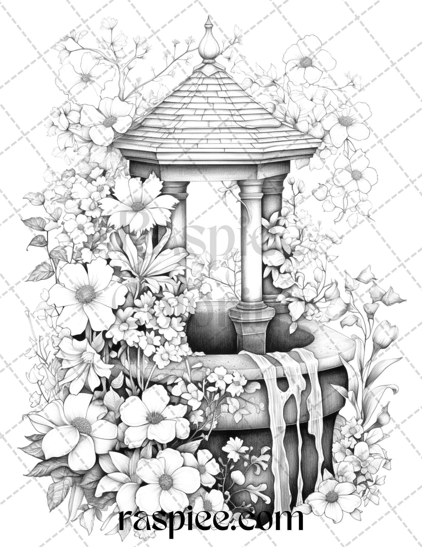 40 Whimsical Wishing Wells Grayscale Coloring Pages Printable for Adults, PDF File Instant Download