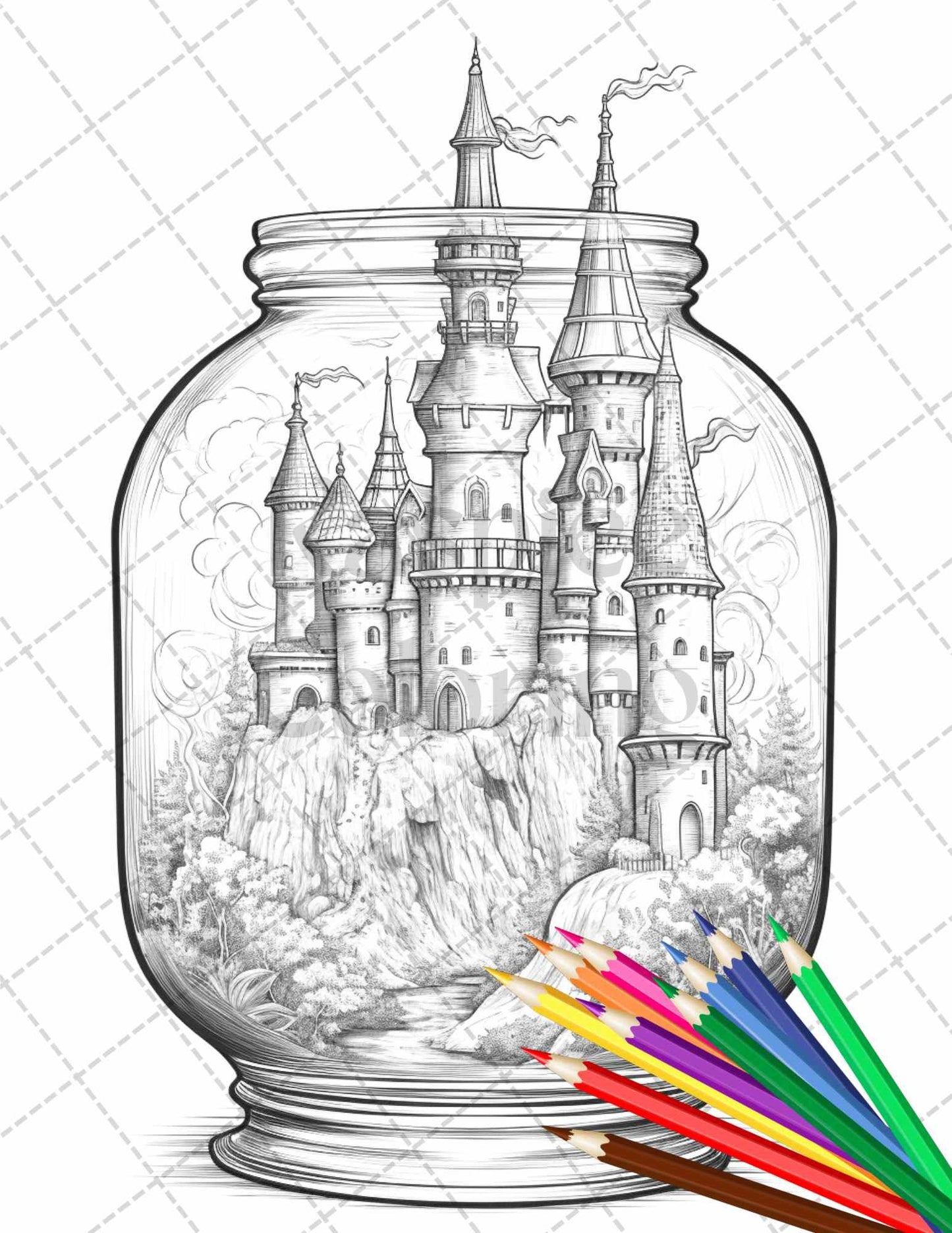 42 Fantasy Castle In Jar Grayscale Coloring Pages Printable for Adults, PDF File Instant Download