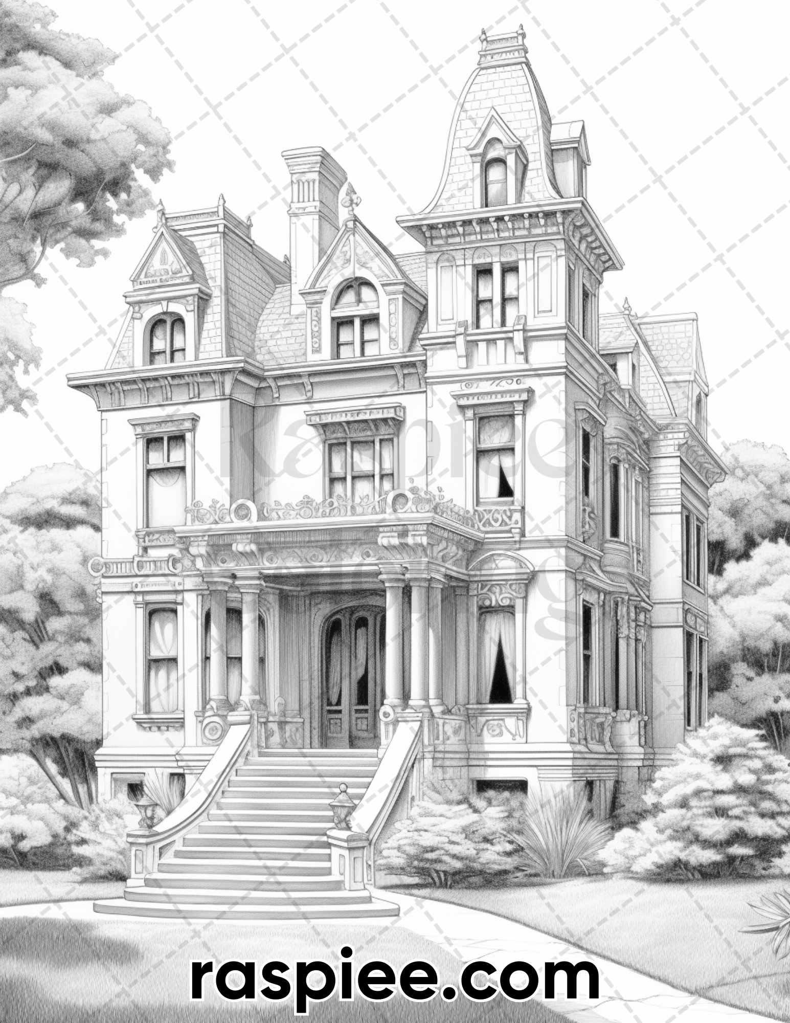 40 Victorian Mansions Grayscale Coloring Pages for Adults, Printable PDF Instant Download