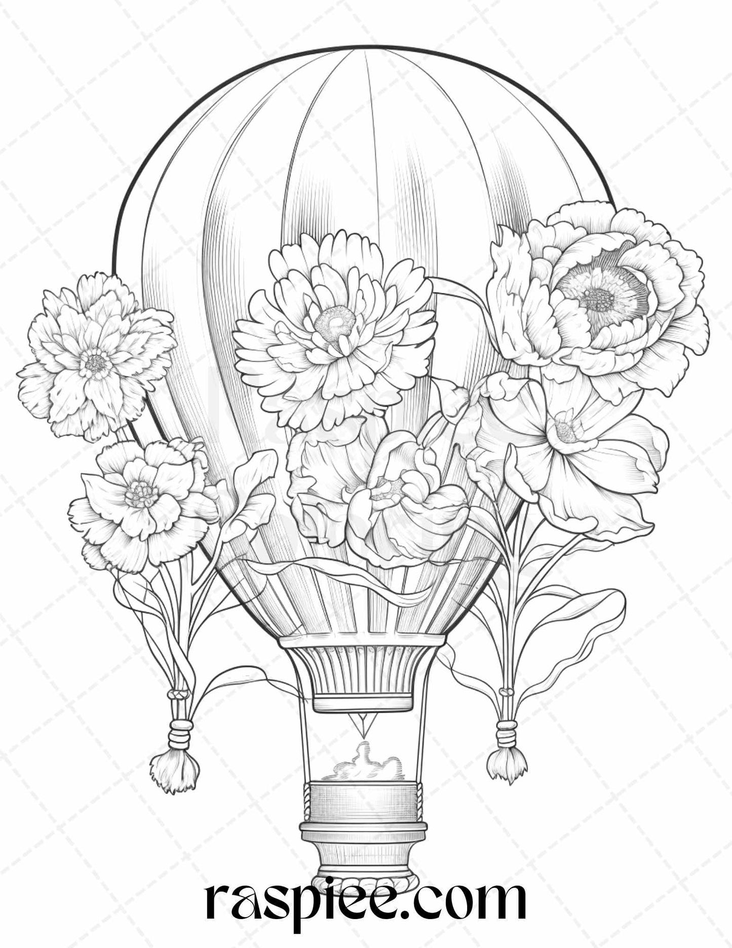 42 Flower Hot Air Balloons Grayscale Coloring Pages Printable for Adults, PDF File Instant Download