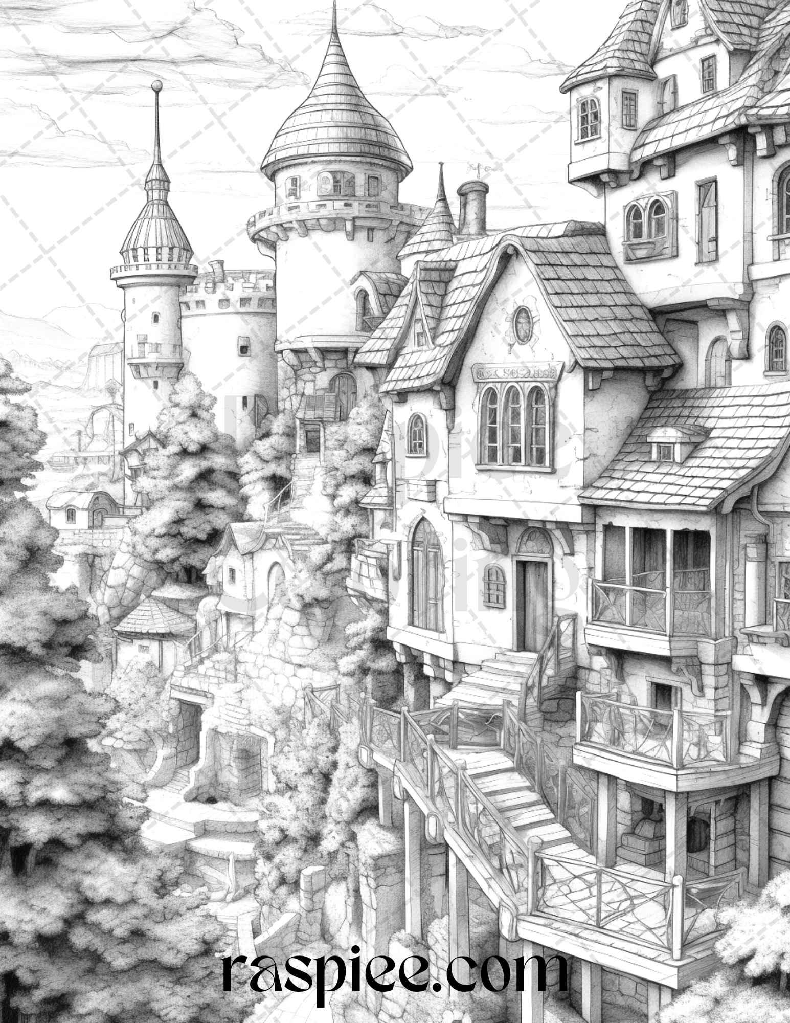 40 Fantasy Village Grayscale Coloring Pages Printable for Adults, PDF File Instant Download