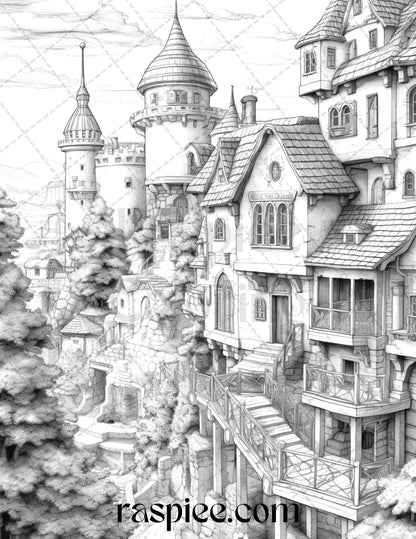 40 Fantasy Village Grayscale Coloring Pages Printable for Adults, PDF File Instant Download