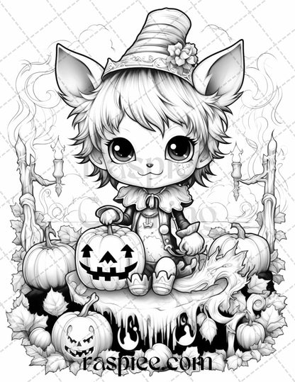 40 Halloween Creepy Kawaii Grayscale Coloring Pages for Adults and Kids, Printable PDF File Instant Download