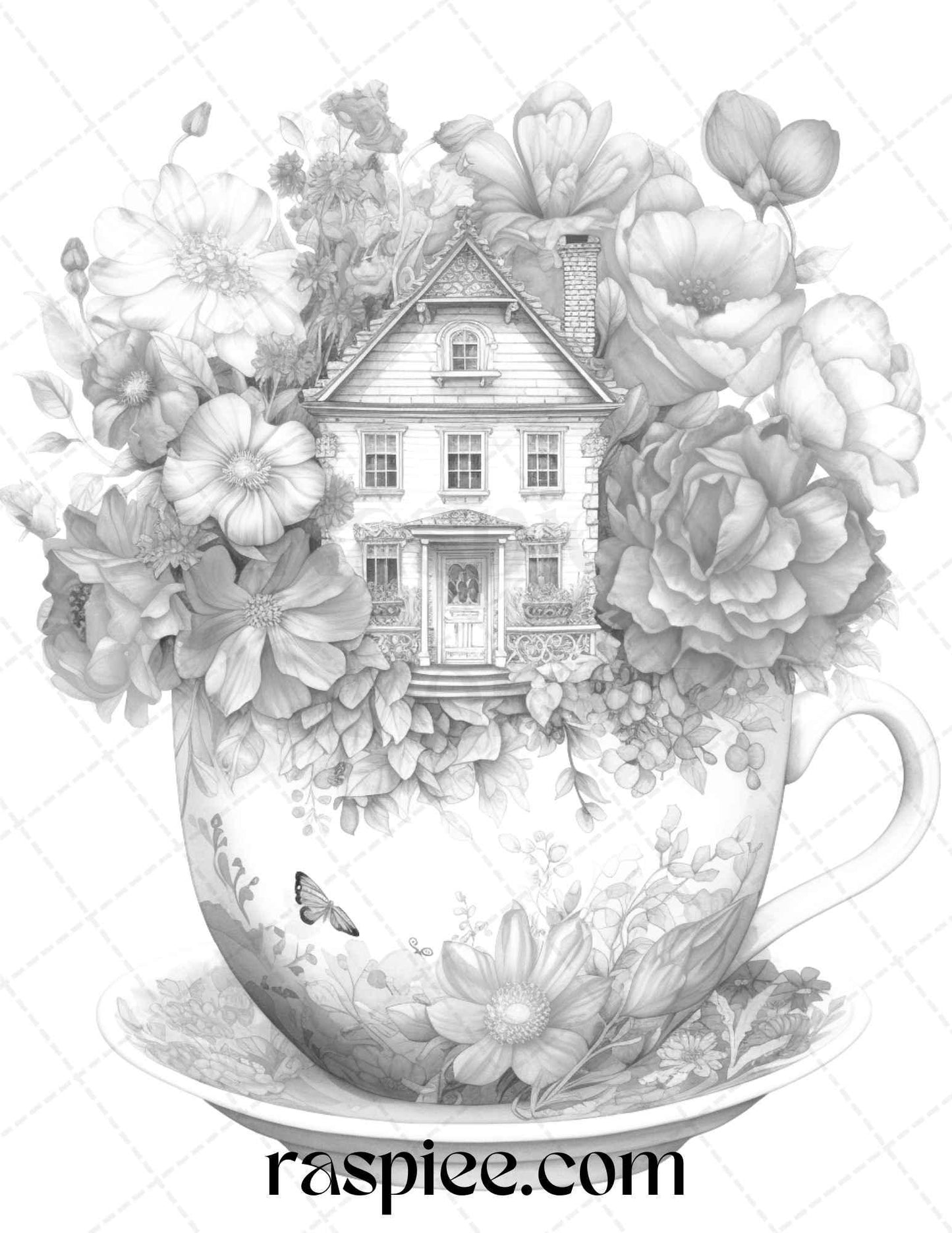 40 Flower Teacup Fairy Houses Grayscale Coloring Pages Printable for Adults, PDF File Instant Download