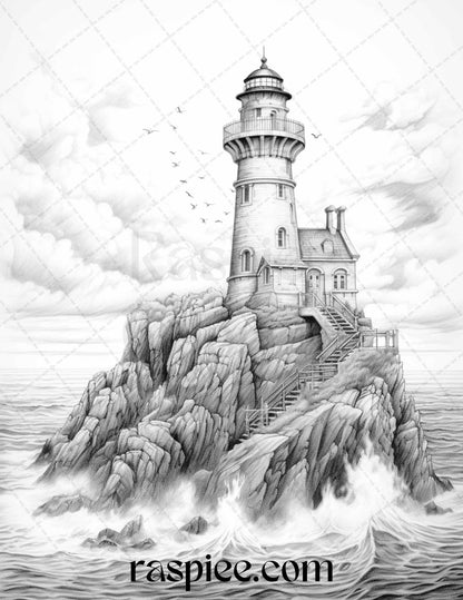 40 Majestic Lighthouses Grayscale Coloring Pages Printable for Adults, PDF File Instant Download