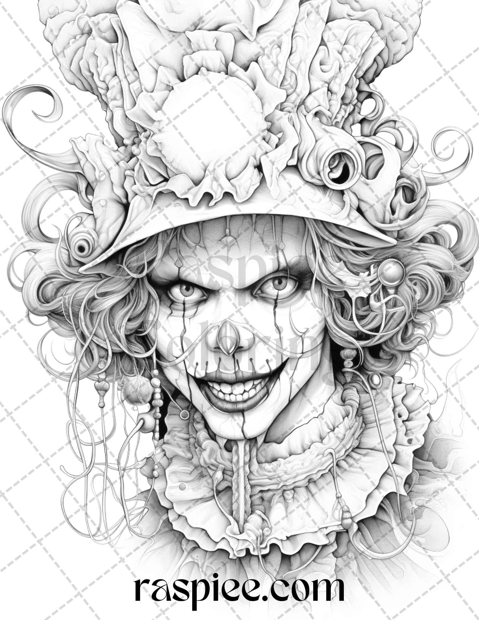 40 Spooky Clowns Grayscale Coloring Pages Printable for Adults, PDF File Instant Download