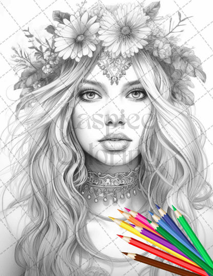 43 Beautiful Hippie Girls Grayscale Coloring Pages Printable for Adults, PDF File Instant Download