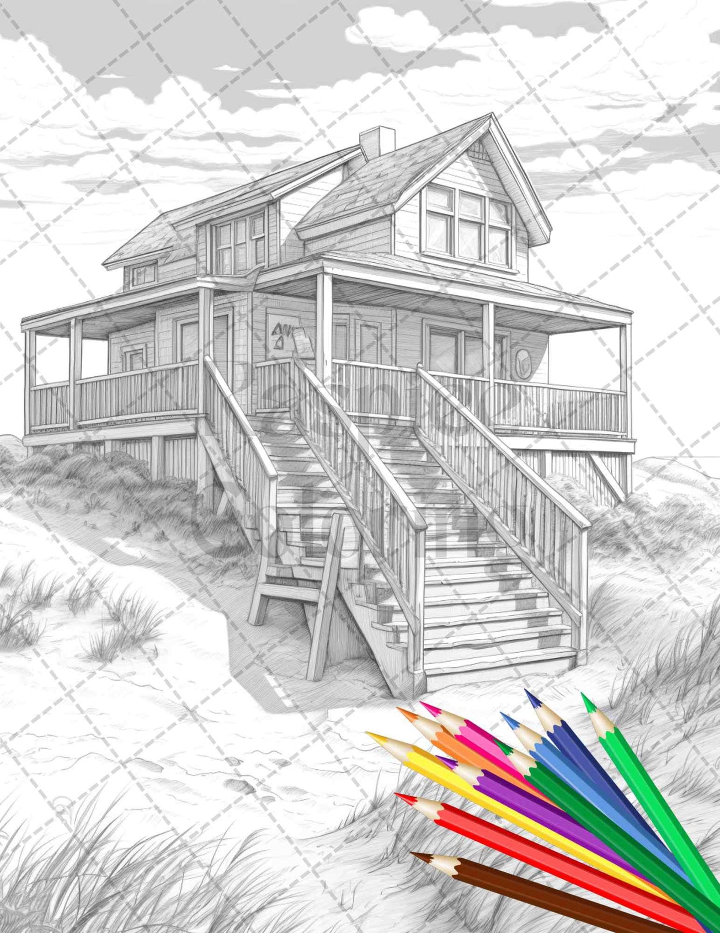 42 Wooden Beach Houses Grayscale Coloring Pages Printable for Adults, PDF File Instant Download