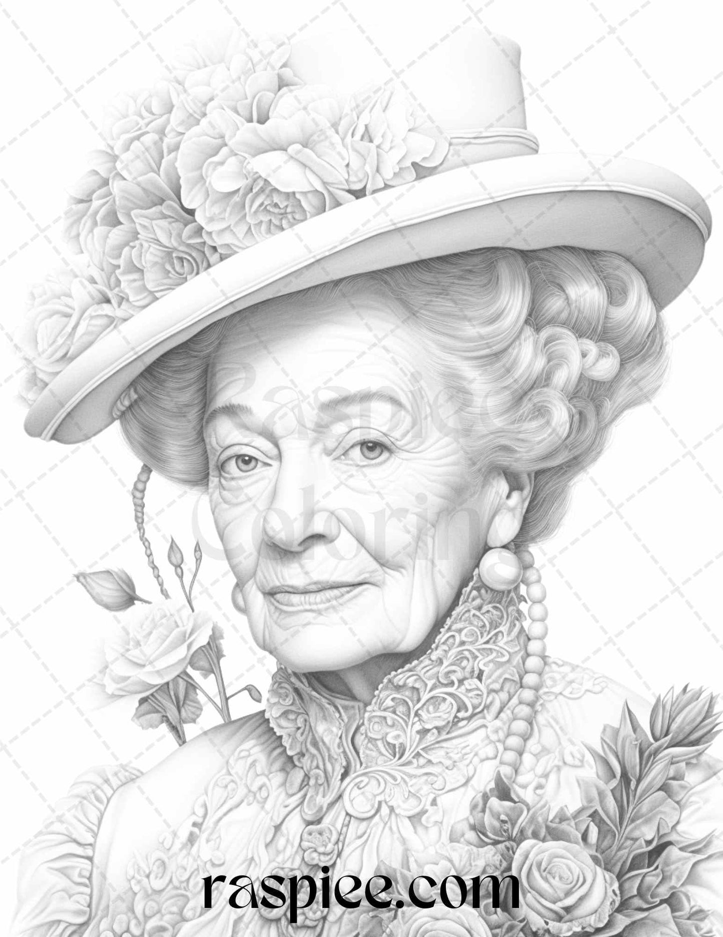 50 Victorian Grandma Grayscale Coloring Pages Printable for Adults, PDF File Instant Download