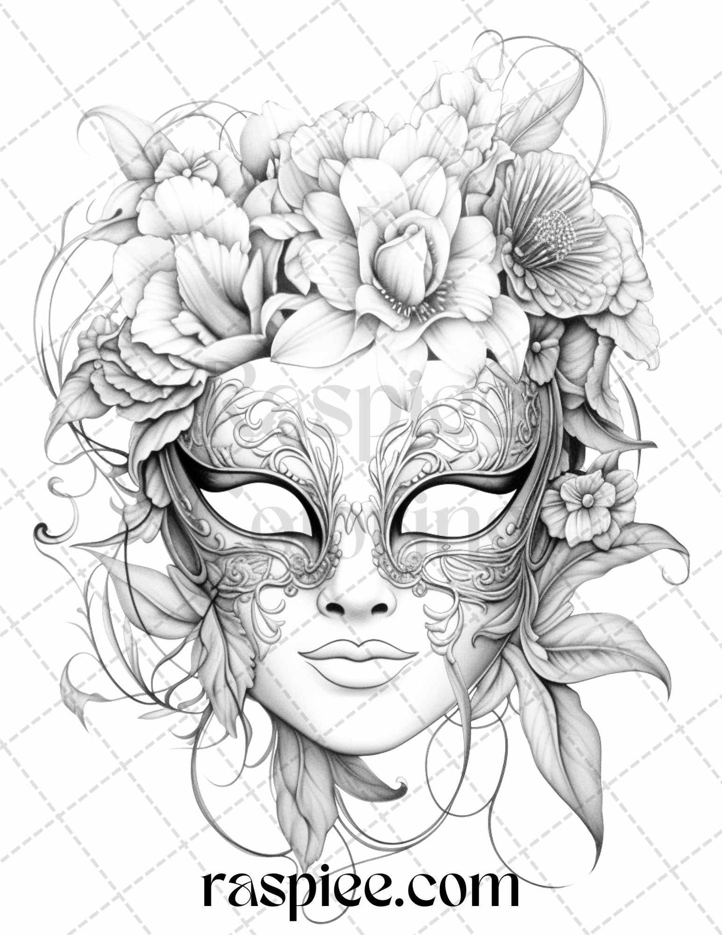 40 Masquerade Masks Grayscale Coloring Pages Printable for Adults, PDF File Instant Download