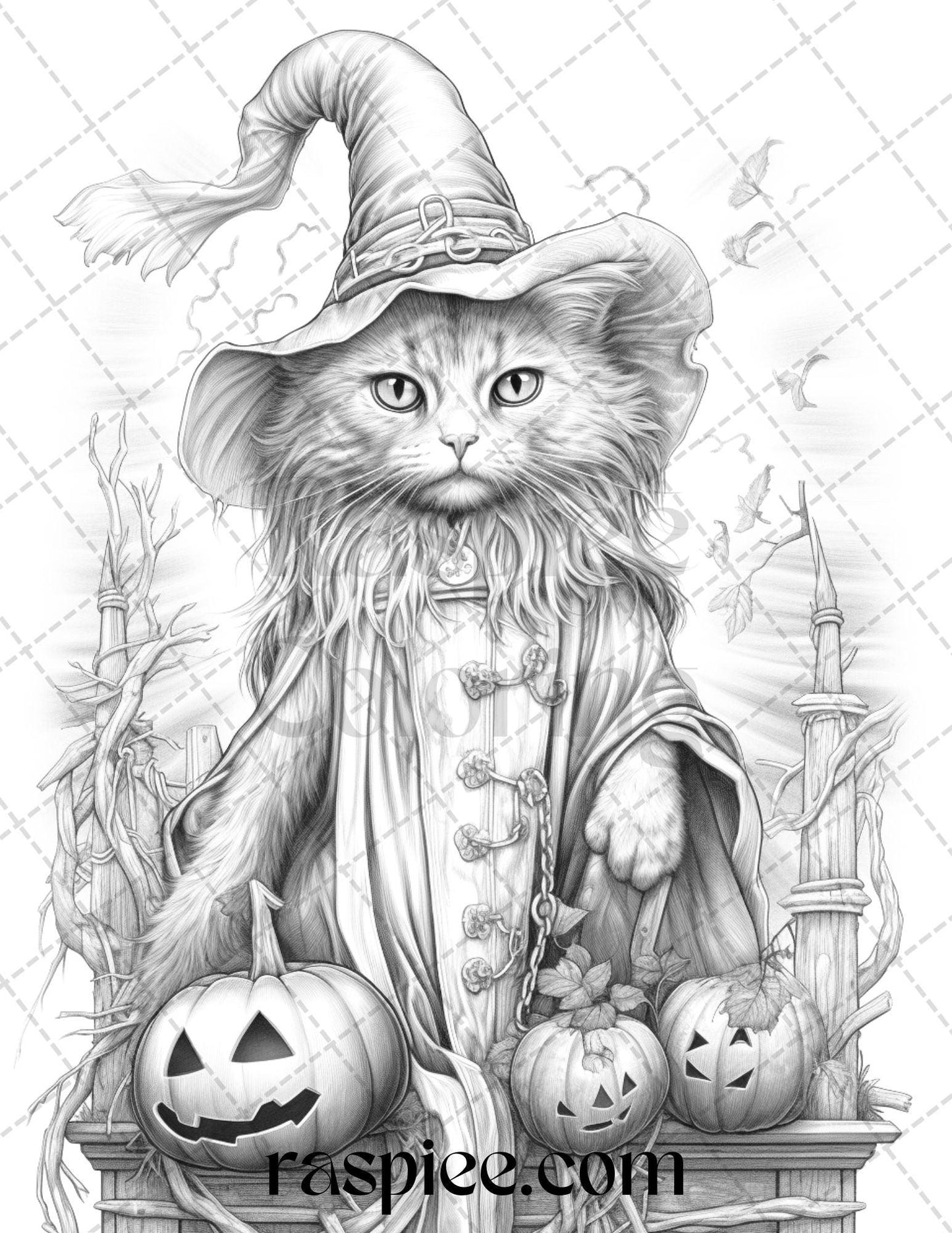 40 Halloween Witch Cat Grayscale Coloring Pages Printable for Adults, PDF File Instant Download