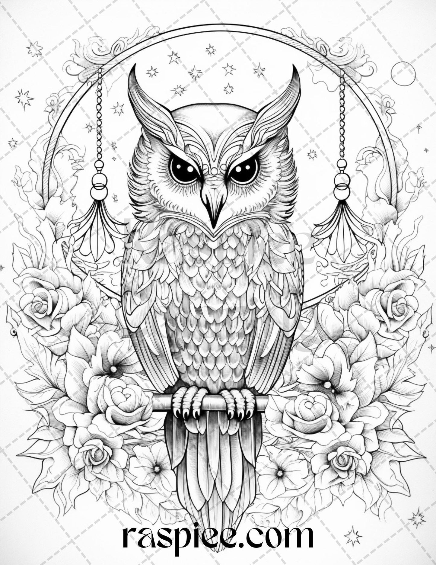 40 Floral Owl Grayscale Printable Coloring Pages for Adults, PDF File Instant Download