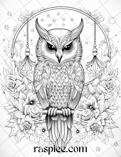 40 Floral Owl Grayscale Printable Coloring Pages for Adults, PDF File Instant Download