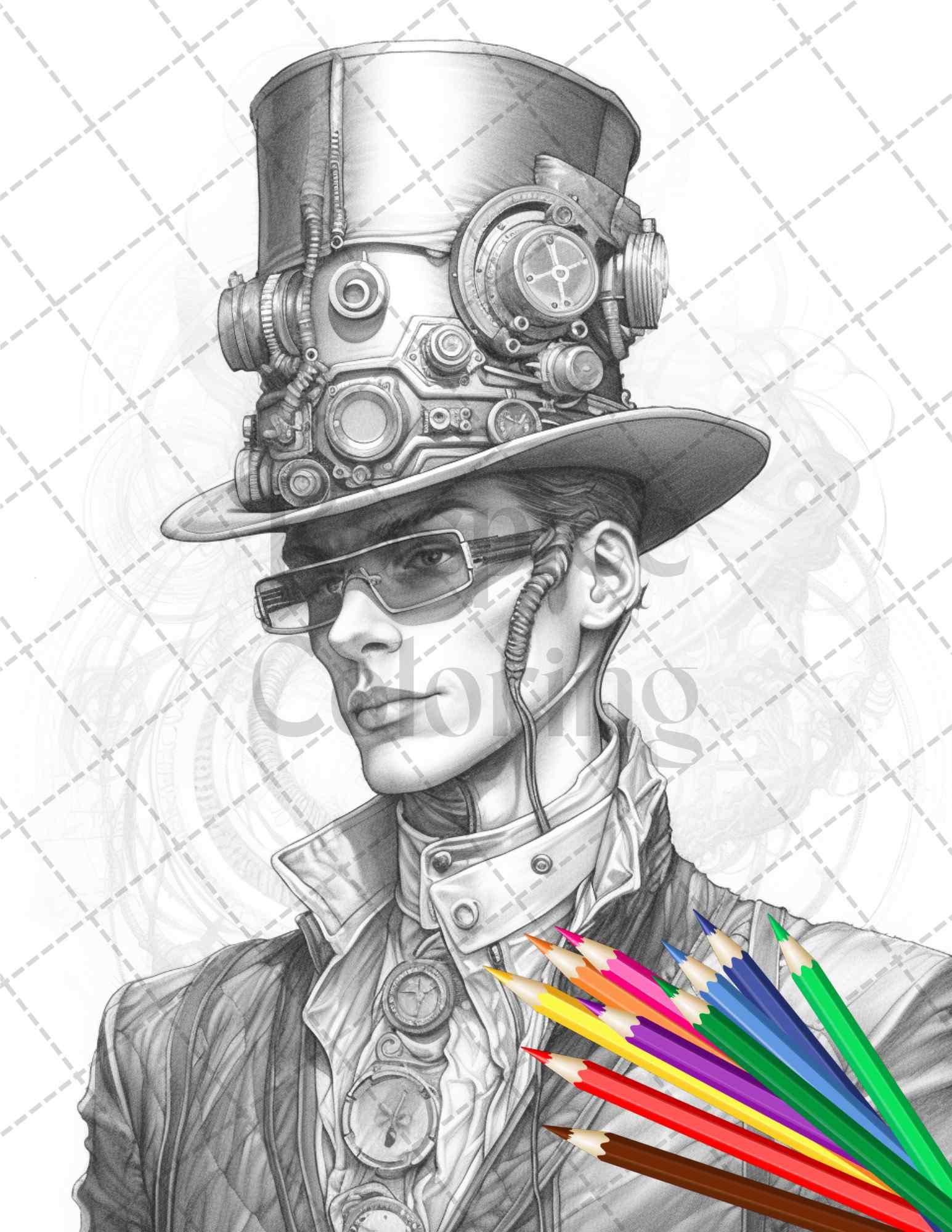 42 Steampunk Mens Grayscale Coloring Pages Printable for Adults, PDF File Instant Download