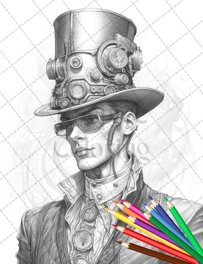 42 Steampunk Mens Grayscale Coloring Pages Printable for Adults, PDF File Instant Download