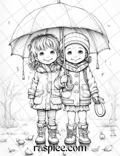 40 Rainy Autumn Day Grayscale Coloring Pages Printable for Adults and Kids, PDF File Instant Download