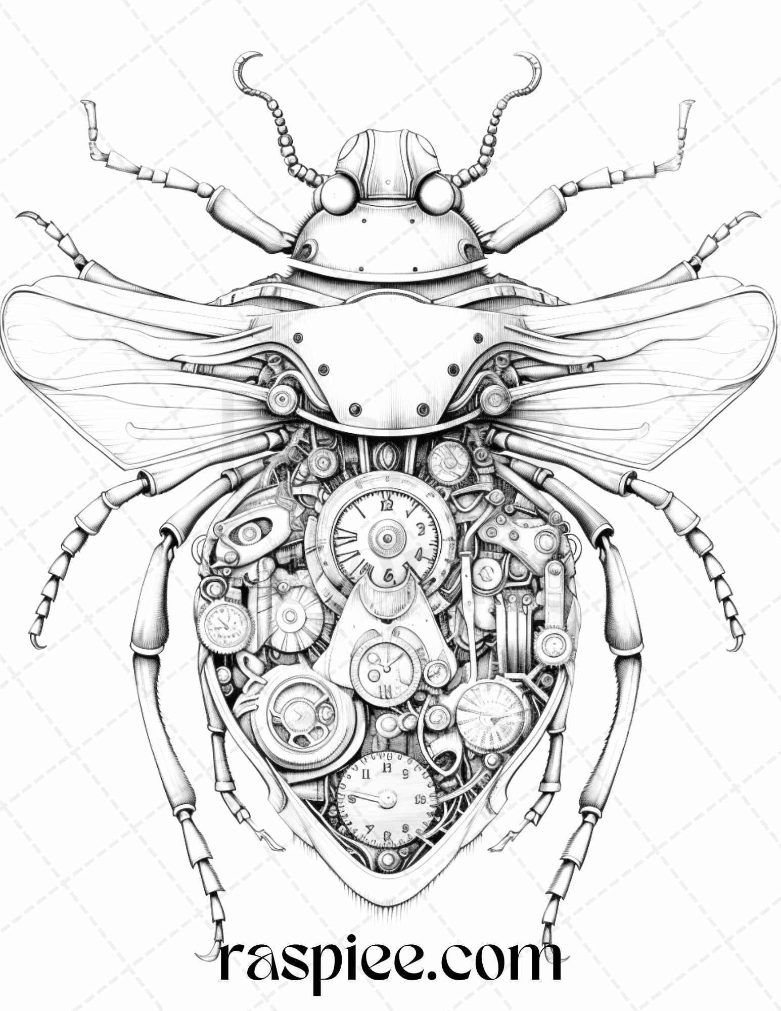 42 Steampunk Bugs Grayscale Coloring Pages Printable for Adults, PDF File Instant Download