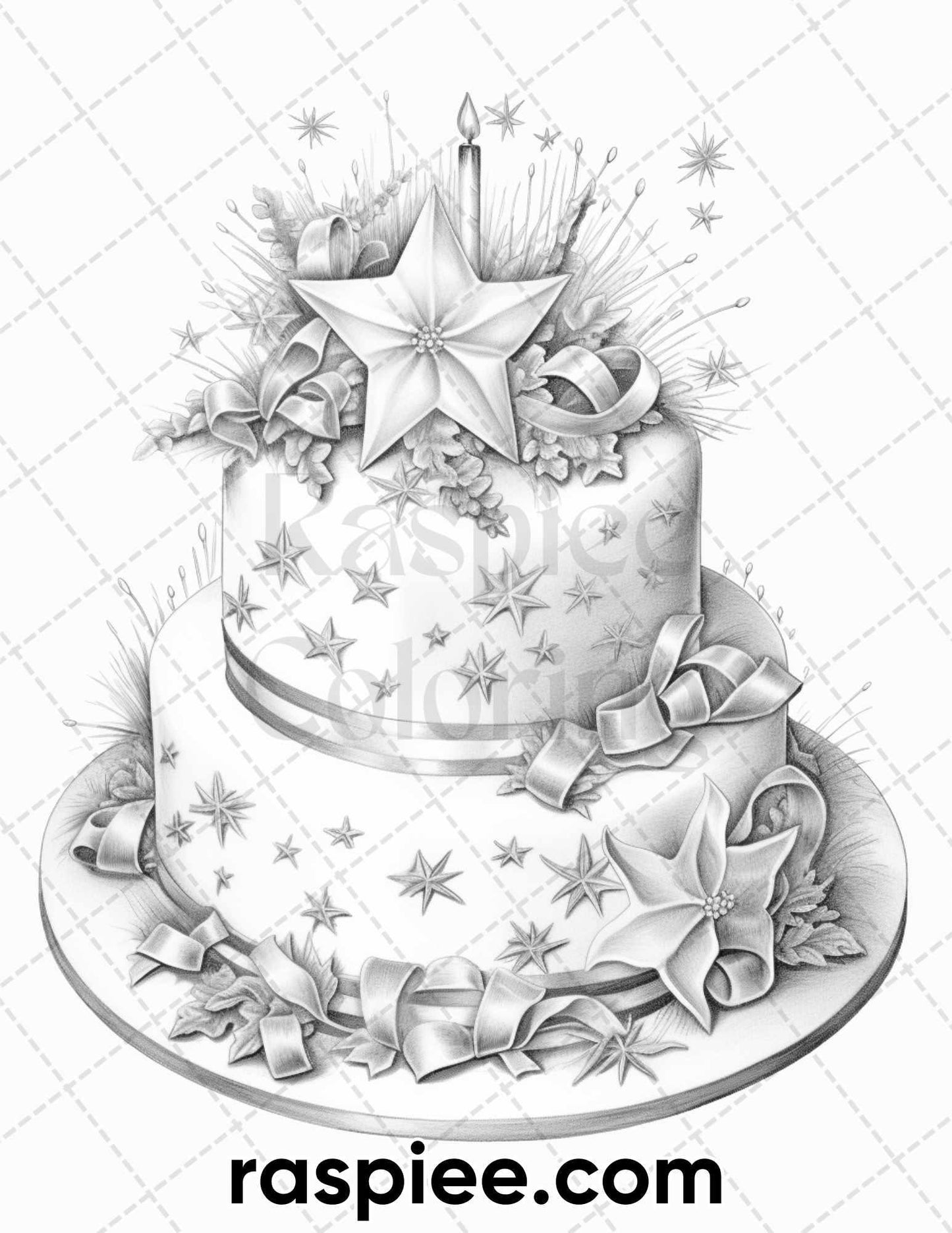 45 Christmas Cakes Grayscale Coloring Pages for Adults, Printable PDF File Instant Download