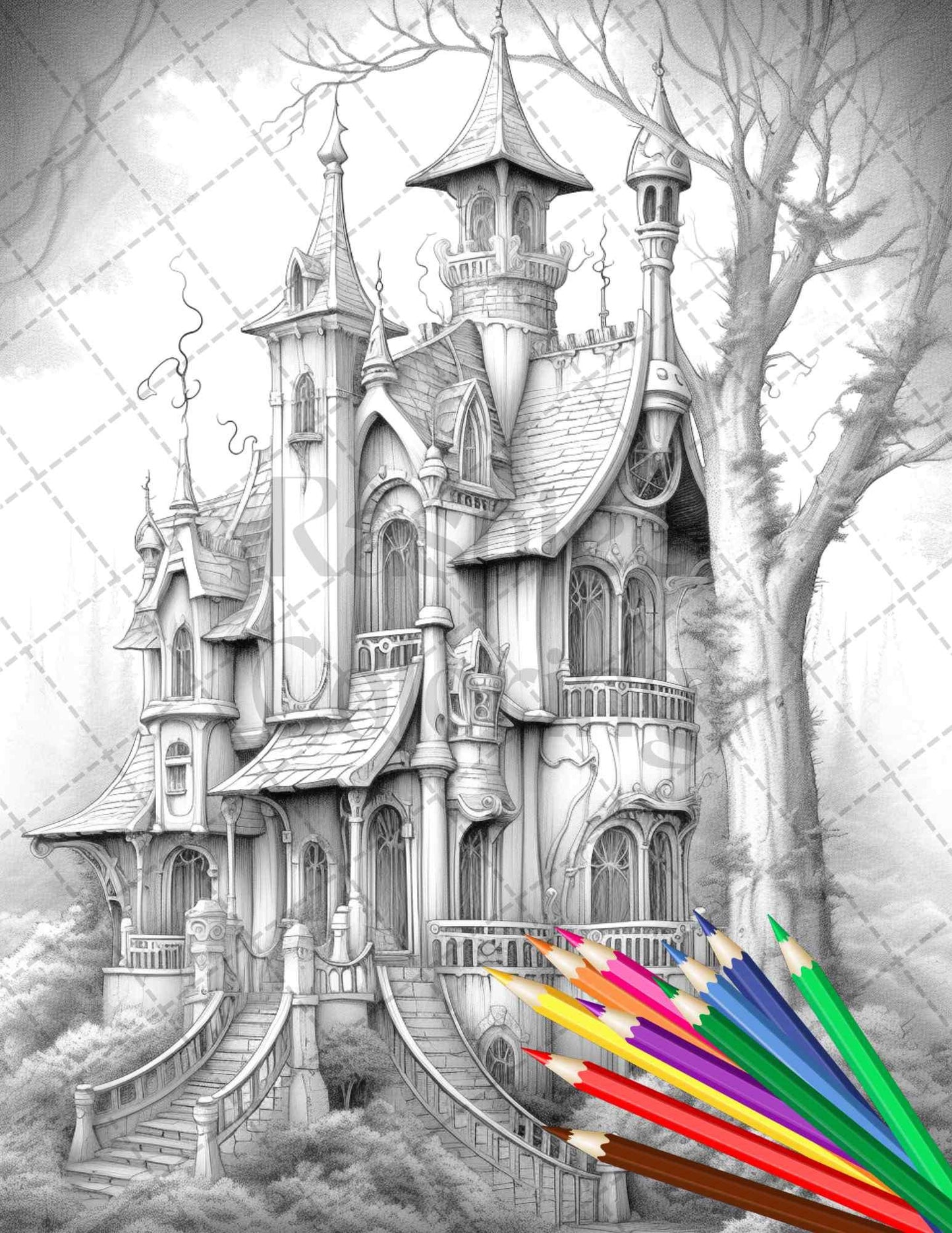 40 Creepy Gothic Houses Grayscale Coloring Pages Printable for Adults, PDF File Instant Download