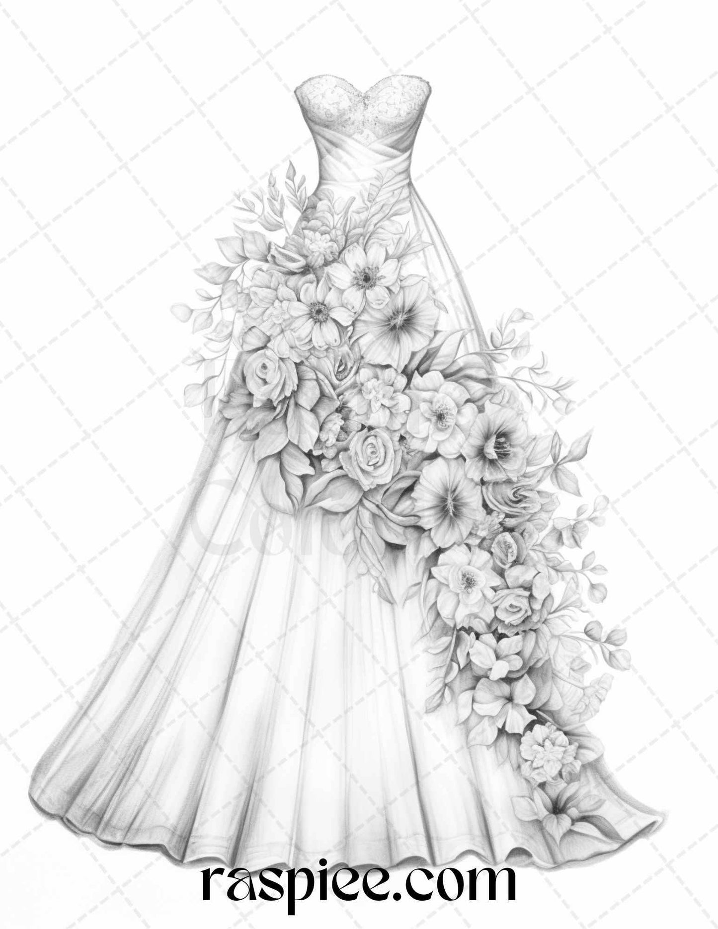 40 Elegant Floral Wedding Dresses Grayscale Coloring Pages Printable for Adults, PDF File Instant Download