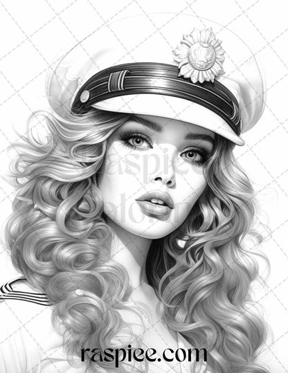 40 Sailor Pin Up Girls Grayscale Coloring Pages Printable for Adults, PDF File Instant Download