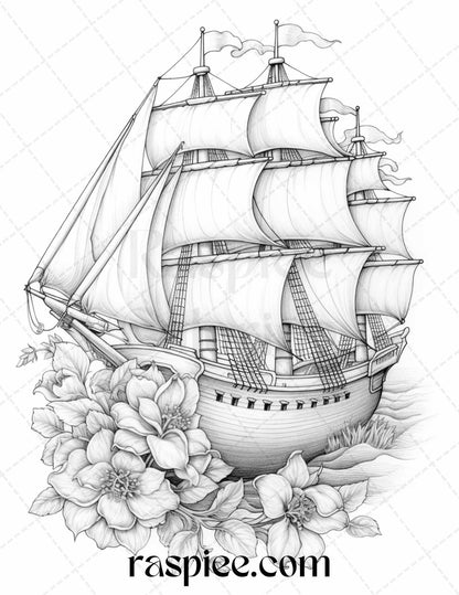 44 Flower Ships Graysale Coloring Pages Printable for Adults, PDF File Instant Download