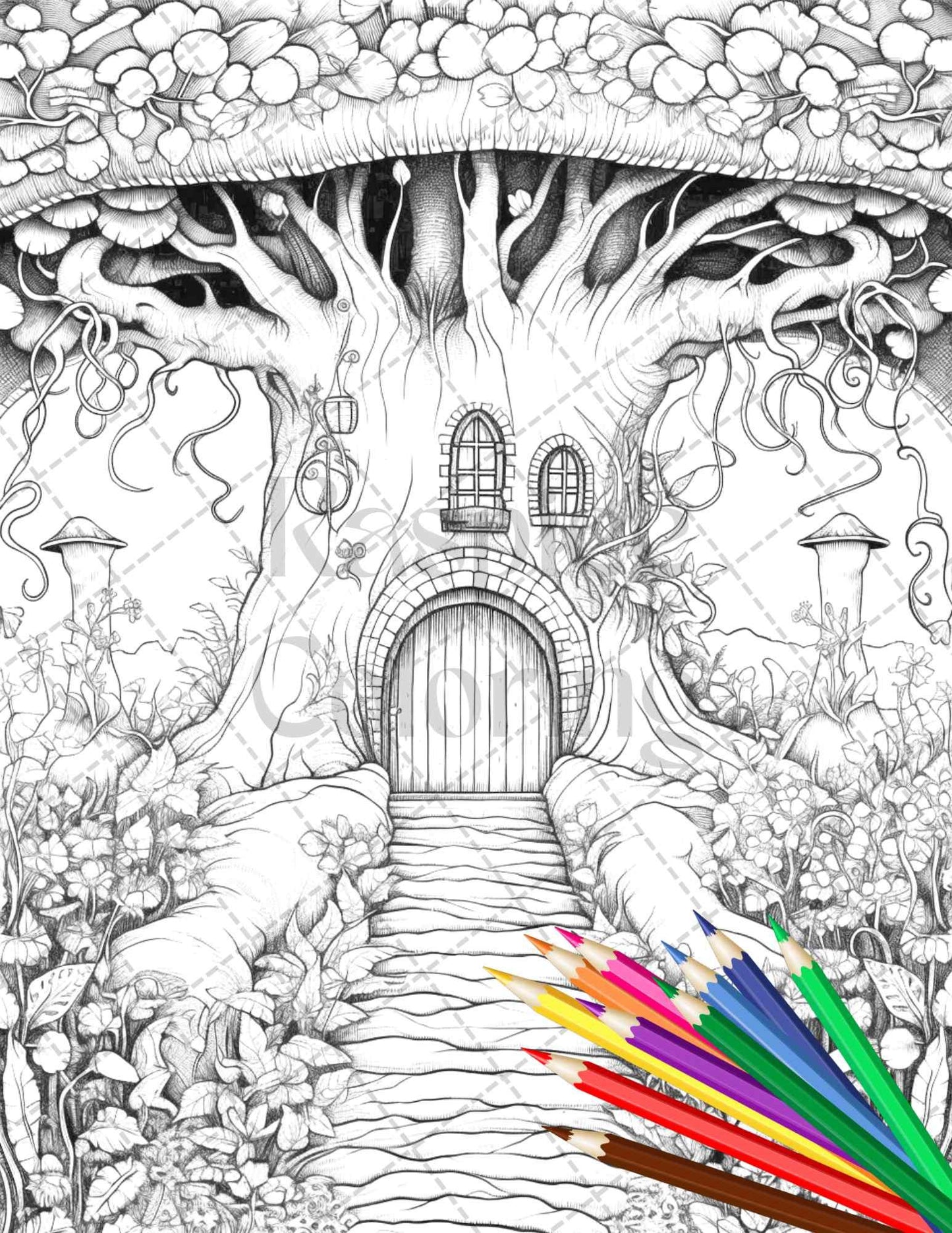 40 Magical Forest Gates Grayscale Coloring Pages Printable for Adults, PDF File Instant Download