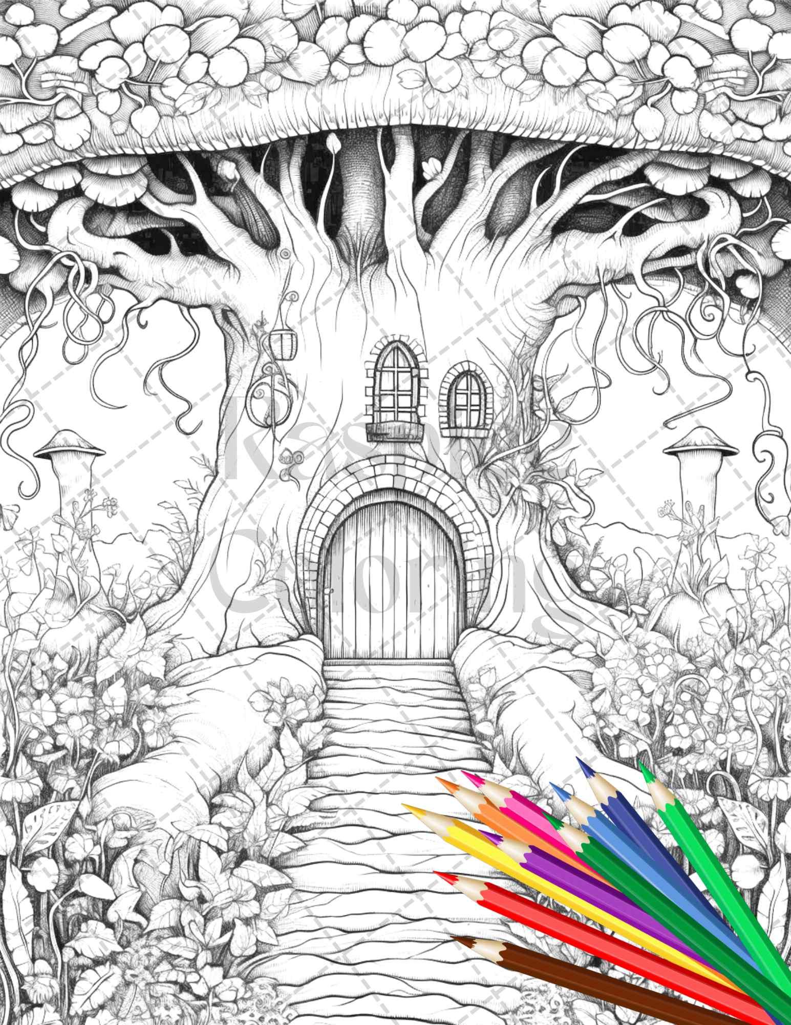 40 Magical Forest Gates Grayscale Coloring Pages Printable for Adults, PDF File Instant Download