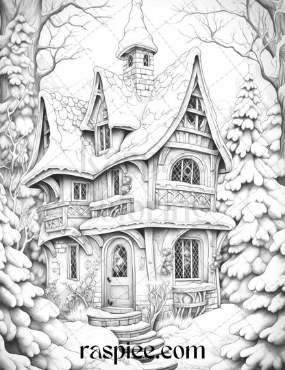 42 Fantasy Christmas Houses Grayscale Coloring Pages Printable for Adults, PDF File Instant Download