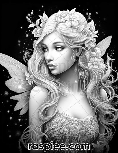 50 Starlight Fairy Grayscale Coloring Pages for Adults, Printable PDF File Instant Download