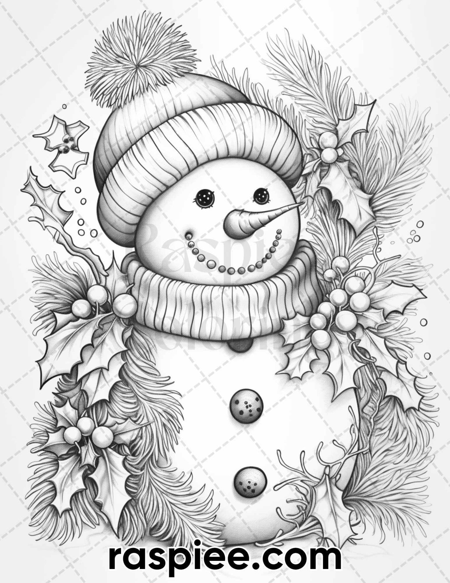 40 Chistmas Snowman Grayscale Coloring Pages for Adults, Printable PDF Instant Download