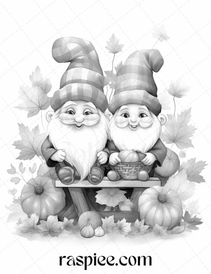 40 Fall Gnomes Grayscale Coloring Pages Printable for Adults Kids, PDF File Instant Download