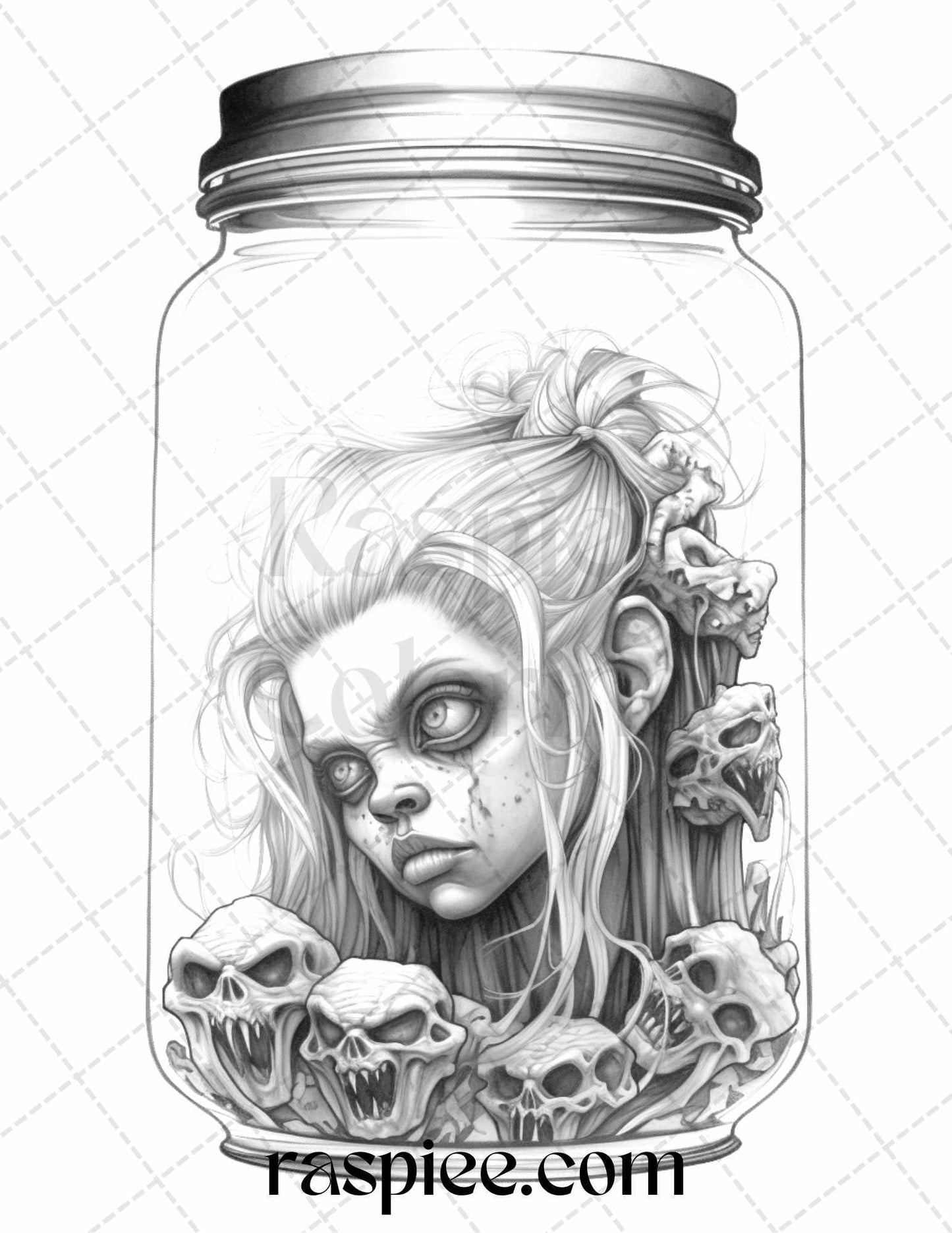 40 Halloween in Jar Grayscale Coloring Pages for Adults, Printable PDF File Instant Download