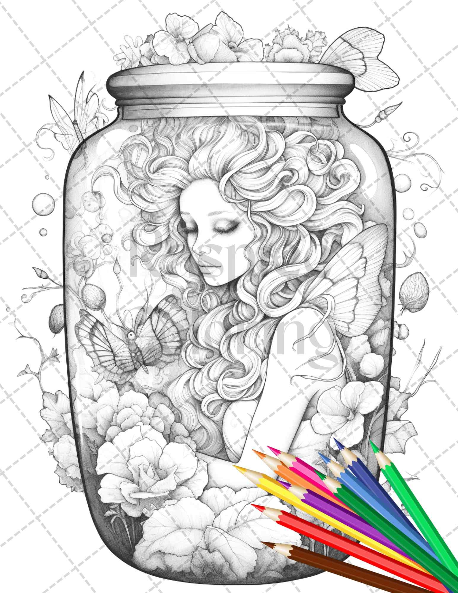 40 Beautiful Fairies in Jar Grayscale Coloring Pages Printable for Adults, PDF File Instant Download