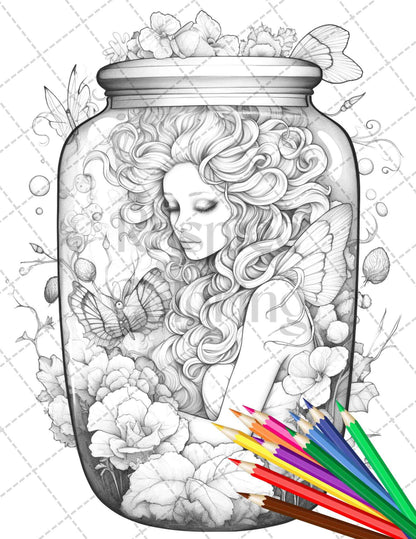 40 Beautiful Fairies in Jar Grayscale Coloring Pages Printable for Adults, PDF File Instant Download