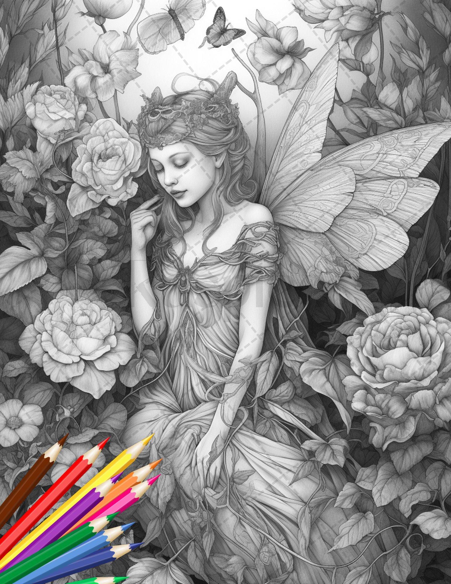 30 Beautiful Fairies Coloring Page Book for Adults, Flower Fairy Grayscale Coloring Book, Fairy Coloring Sheets, Printable PDF File Download